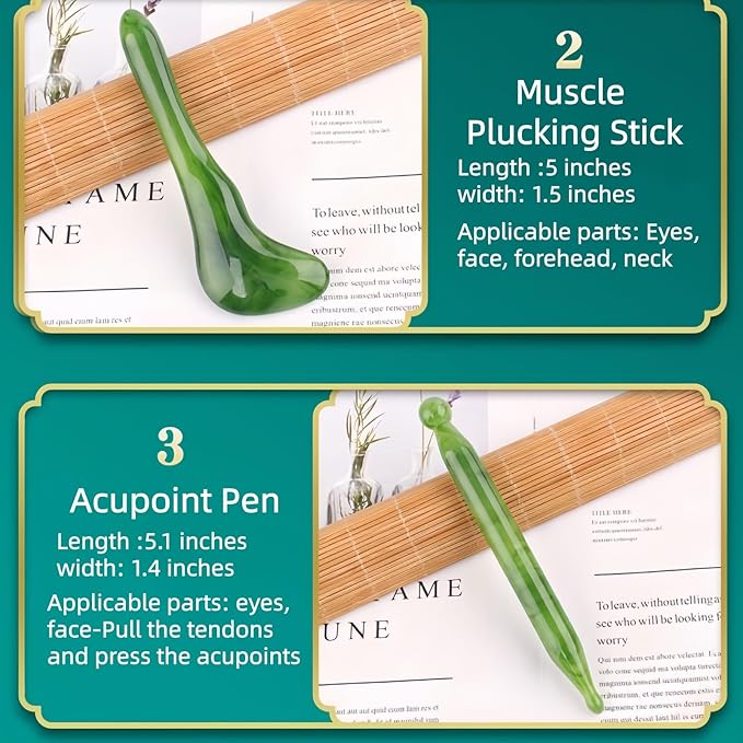 Gua Sha Scraping Massage Tool, GuaSha Facial Set, Natural Resin GuaSha Massage Tools for Rejuvenate Skin Anti-Wrinkle Anti Aging (Green, Muscle Plucking Stick)
