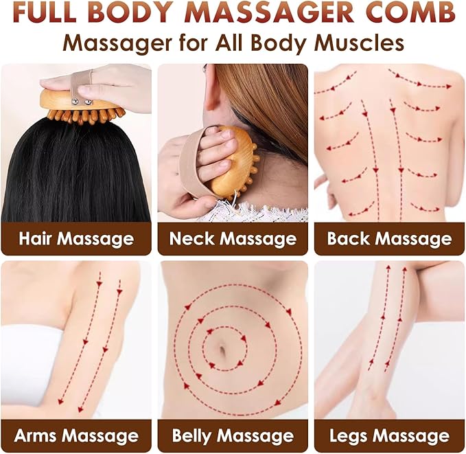 Wooden Body Scalp Massage Comb, Trigger Point Massage Tool Meridians Massager Gua Sha Massager Comb for Body Relief & Hair Growth