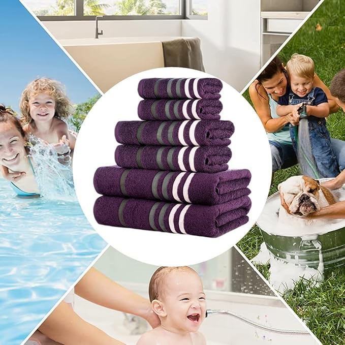 CASA COPENHAGEN Exotic 6Pcs 100% Egyptian Cotton Designer Towels Gift Set- Dark Purple, 550GSM,2Bath2Hand2Washcloths,Bath Towels for Bathroom (Box Pack,Gift Ribbon Set for Women & Men)