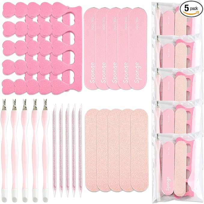 SUTOKAKA 5 Sets Manicure Prep Kit for Travel Home, Portable Basics 5 in 1 Nail Salon Pedicure Tools, Sponge Toe Finger Separators, Cuticle Trimmer Pusher, Nail File & Plastic Stick