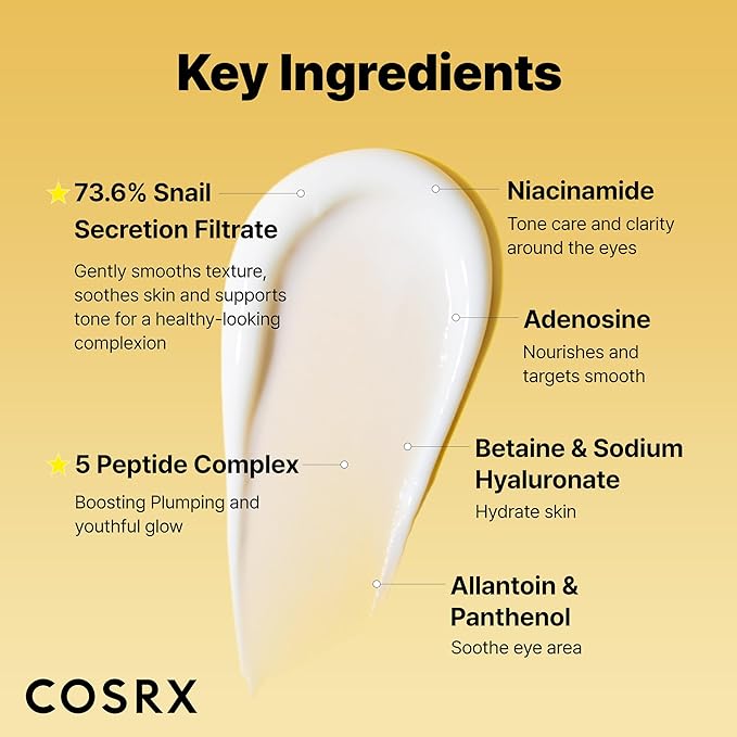 COSRX Snail Mucin Peptide Under Eye Cream, 0.84 fl oz, 73.7% Snail Mucin and Niacinamide, Eye Care, Eye Cream Anti Aging, Dark Circles, Korean Skin Care, Mothers Day Gifts for Mom