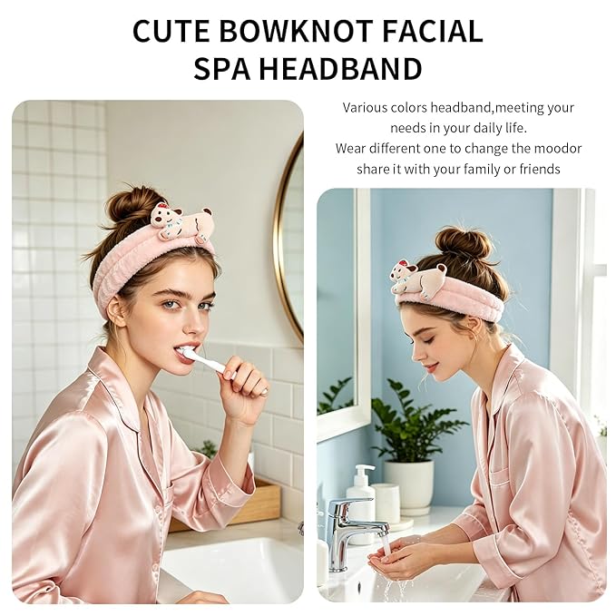 PERFECTSIGHT Kawaii Headband for Spa, Makeup, Washing Face, Party - 2 Pack Cute Hair Band for Shower Beauty Skincare, Soft Facial Headbands for Girls and Women (White+Pink Puppy)