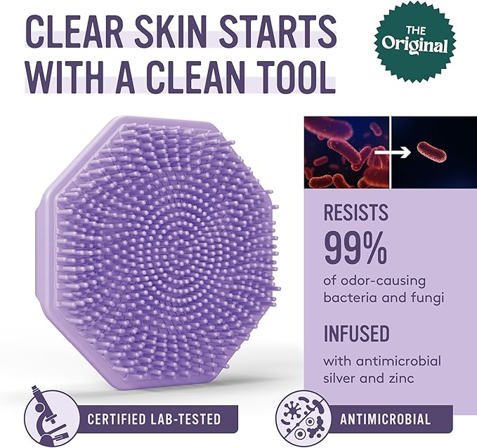 Sud Scrub® Antimicrobial Silicone Face Scrubber, 1 Pack, Gentle Face Exfoliator for Sensitive Skin, Eco Friendly Facial Cleansing Brush, Exfoliating Face Brush for Men and Women (Purple)
