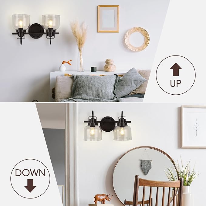 2 Lights Bathroom Vanity Light, Bronze Modern Wall Light Fixtures Over Mirror, Industrial Wall Sconce with Clear Glass Shade, Farmhouse Wall Sconce for Bedroom, Living Room, Hallway(Exclude Bulb)