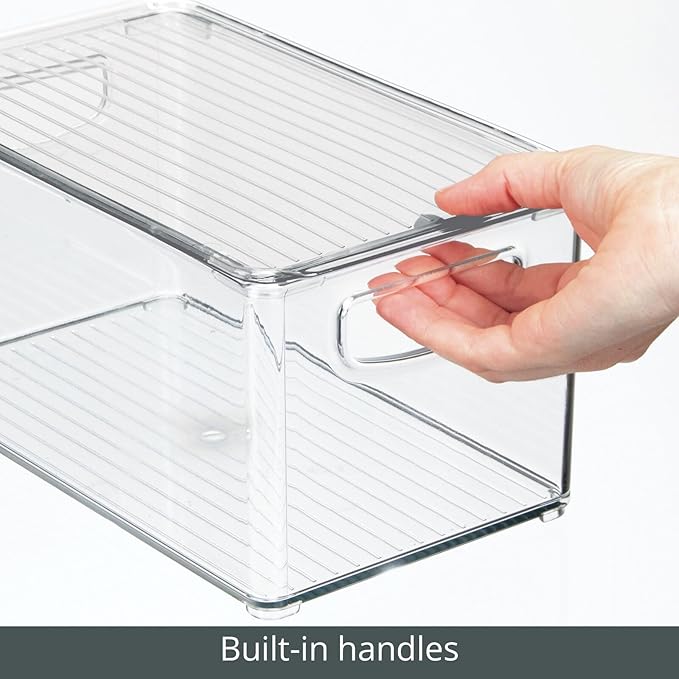 mDesign Deep Plastic Bathroom Storage Bin Box, Lid/Built-in Handles, Organization for Makeup, Hair Styling Tools, Toiletry Accessories in Cabinet, Shelves, Ligne Collection, 8 Pack, Clear