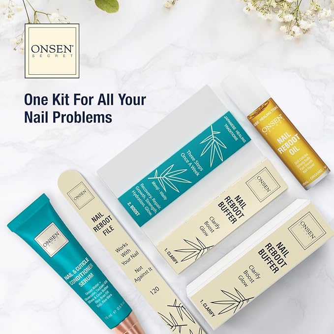 Onsen Secret Complete Nail Reboot Kit w/Cuticle Oil 10ml, Nail File 120/180 Grit Double Sided, A 3-Way Buffer Block & Cuticle Serum-15ml in Action | Super Value Pack