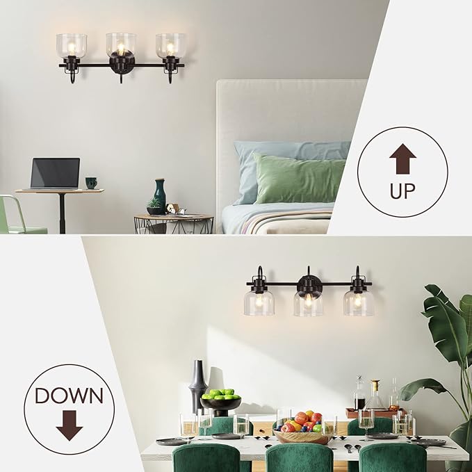 Bronze Bathroom Vanity Lights, 3-Light Vanity Light Fixtures for Bathroom, Oil Rubbed Bronze Vanity Light with Clear Glass Shade, Wall Sconces Lighting for Bathroom, Living Room, Hallway(E26 Base)