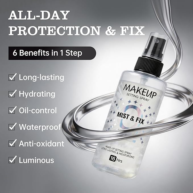 Setting Spray for Makeup, 16 Hr Long Lasting Fixing Spray Waterproof Transfer Resistant, Lightweight Hydrating Setting Mist with Shimmer Dewy Finish, Face Primer Make Up for All Skin Types, 3.72 Fl Oz