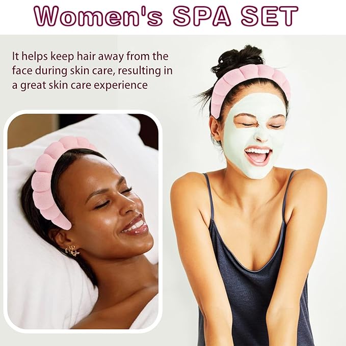 CUBACO Spa Headband and Wristband Set for Women with Ice Jade Roller and Gua Sha, Skin Care Set Tools Puffy Makeup Headband Teen Girl Gifts Trendy Stuff Hair Accessories for Women