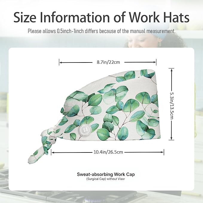 2 Pcs Working Cap with Sweatband for Women Men, Adjustable Cleaning Working Hats, Nurse Surgical Caps