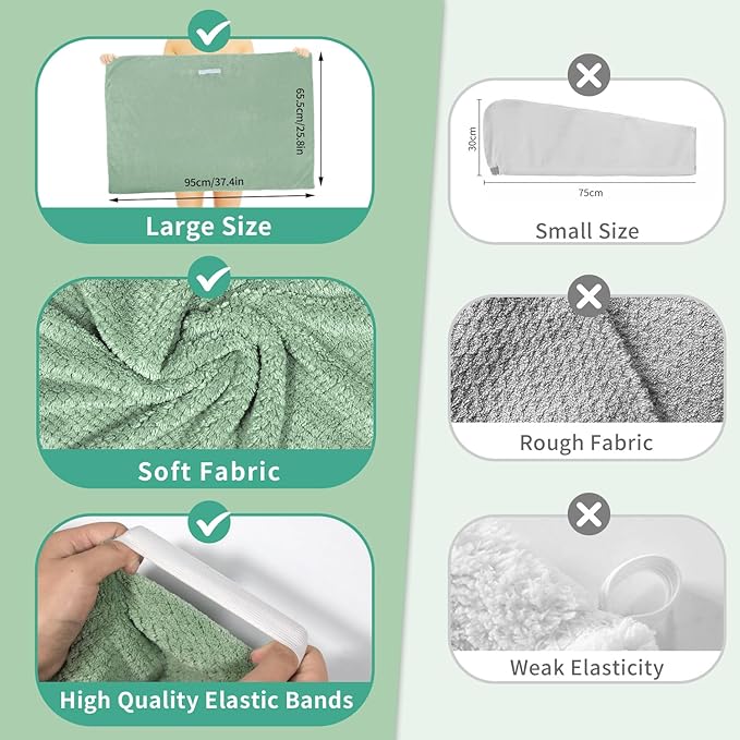my novel things 2 Pack Extra Large Microfiber Hair Towel Wrap, 37.4" x 26.4" for Women, Super Absorbent & Quick Dry Hair Towel with Elastic Strap for Curly Hair Green Gift for Women Men Girls Friends