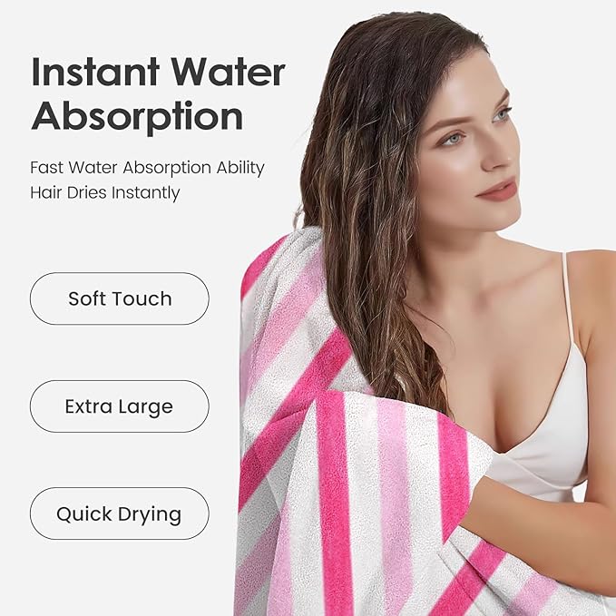 JML Microfiber Bath Towels,2 Pack(30" x 60"), Oversized, Soft, Super Absorbent, Fast Drying, Large Beach Towel Set for Sauna, Salon, Sports, Fitness, Yoga, Cabana Stripe Pink