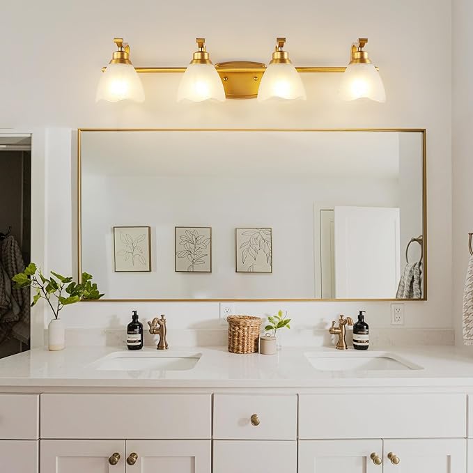 Bathroom Light Fixtures (4-Light, 32 Inch), Brushed Gold Vanity Lights for Bathroom with White Frosted Glass Shade, Modern Vanity Wall Lights for Mirror Bedroom Living Room Hallway