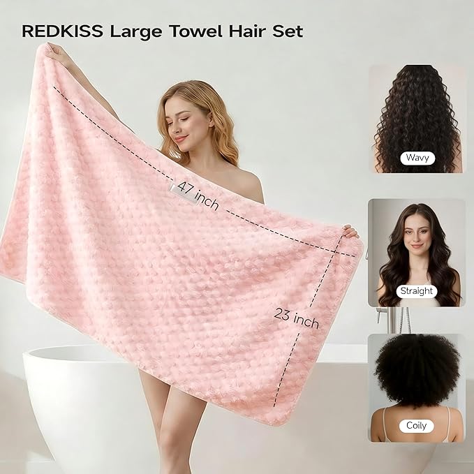 REDKISS 4 Pack Extra Large Hair Towels - Microfiber Hair Towel Wrap for Women, 23 x 47 inches Hair Towels with Elastic Strap, Super Soft Hair Drying Towels for Long, Thick, Curly Anti Frizz Turbans