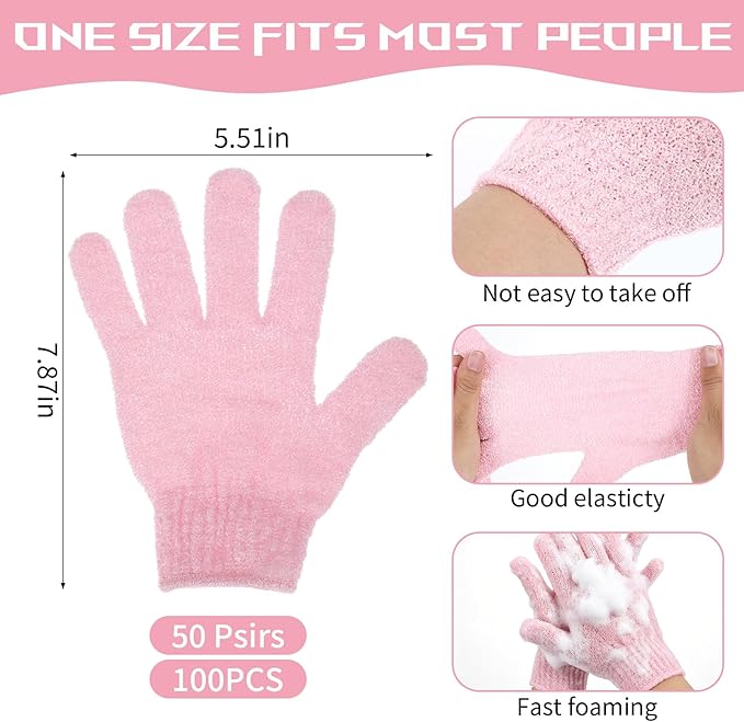 50 Pairs Exfoliating Gloves for Body Bulk, Double Sided Bath Scrub Gloves for Shower, Body Exfoliator Mitt for Spa, Dead Skin Remover for Men Women (Pink)