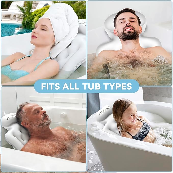 Full Body Bath Pillow for Bathtub RUVINCE Ergonomic Luxury Bathtub Pillow with Head,Neck, Shoulder and Back Support, 6D Bath Pillows for tub with 192 Powerful Suction Cups, Fits All Bathtub