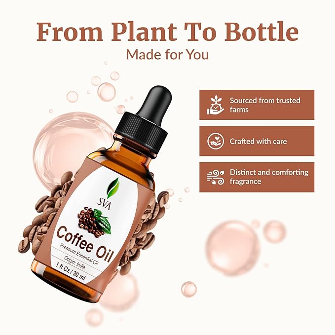 SVA Coffee Essential Oil – 1 Fl Oz – 100% Natural Coffee Oil - for Diffuser, Hair Care, Face, Skin Care, Aromatherapy, Scalp and Body Massage, Soap and Candle Making - with Dropper
