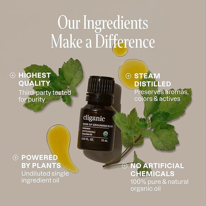 Cliganic Organic Patchouli Essential Oil - 100% Pure Natural Undiluted, for Aromatherapy Diffuser | Non-GMO Verified