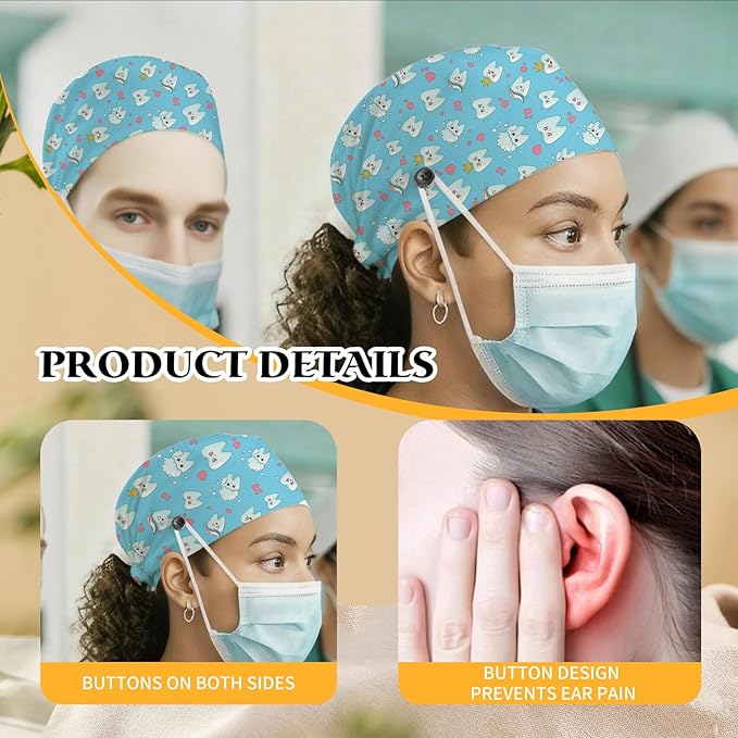 Adjustable Scrub Cap with Buttons & Sweatband, Working Hat with Elastic Tie Back, Unisex Nurse Surgical Caps for Women & Men