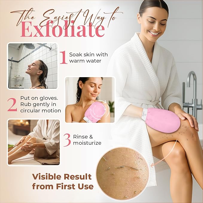 L'Exfose Kessa Hammam Deep Exfoliating Glove for Shower - Korean Exfoliating Mitt Body Scrubber Ideal for Dead Skin Remover, Keratosis Pilaris & Self-Tanning (Black & Pink)