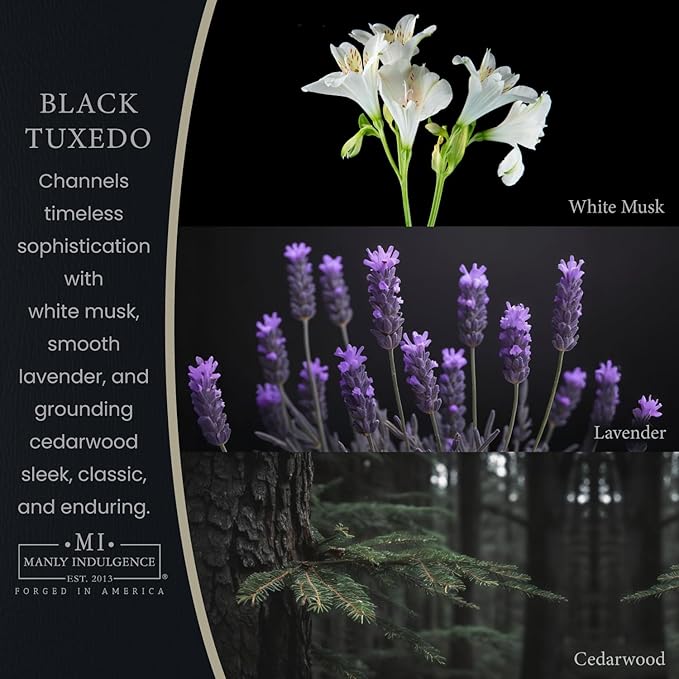 Manly Indulgence Black Tuxedo Candles for Men, 2 Wick, 16.5 oz, Premium Soy Blend Wax, 60H Burn, Candles for Home Scented - Made in The USA