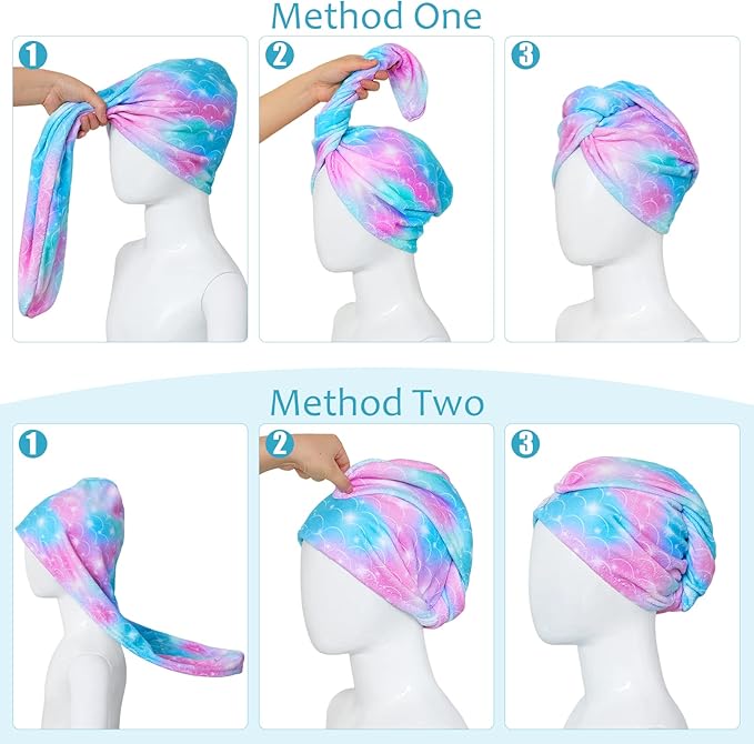 Basumee Microfiber Hair Towel Wrap for Kids 2 Pack Rapid Drying Hair Towel with Button Hair Turbans for Wet Hair Wraps Head Towel Wrap for Women and Girls, Light Mermaid