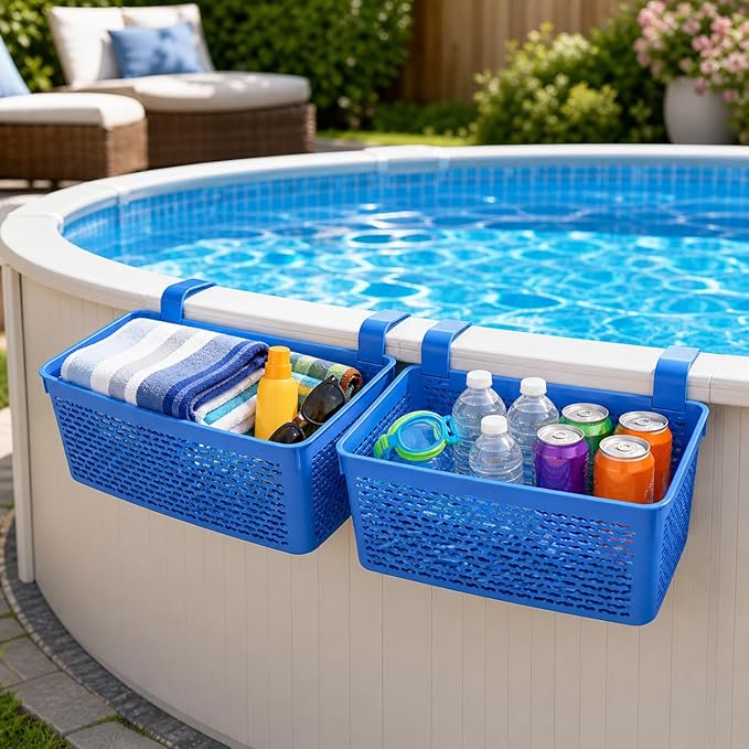 2 Packs XL Poolside Storage Basket for Above Ground Pools – 15.6" L x 12.1" W x 6.1" H - Swimming Pool Organizer Patio Accessories – Made in Europe – (Blue)
