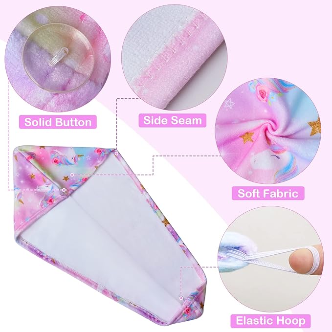 FIOBEE Microfiber Hair Towel Wrap for Kids Rapid Drying Turbans for Wet Hair with Button Women & Girls Long, Curly Hair Pack of 2, Pink