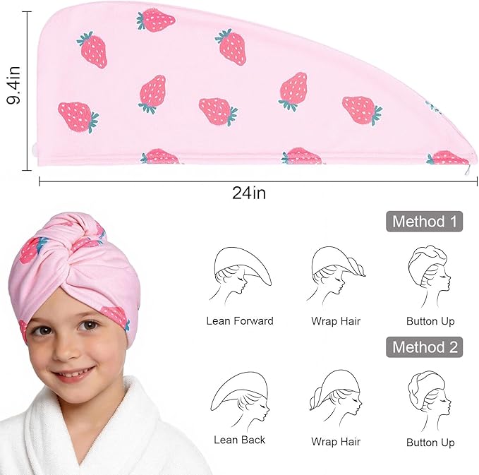 2 Pack Microfiber Hair Towel Wrap for Girls, Quick Dry Hair Turban for Kids, Absorbent Frizz-Free Hair Drying Towel with Button for Long Thick Curly Hair, Pink White Strawberries