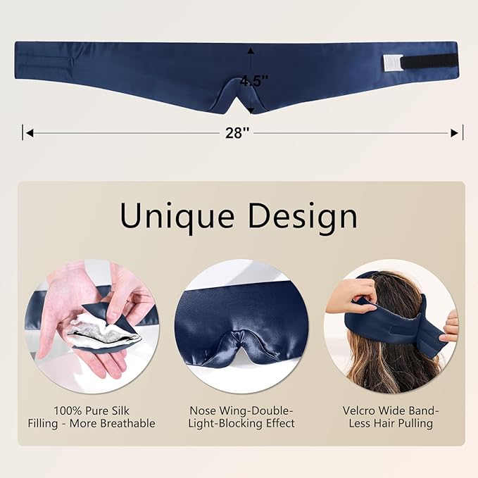 ZIMASILK 100% 22 Momme Mulberry Silk Sleep Mask - Full Silk Filled, Ultra-Soft & Breathable, Face-Hugging Blackout Eye Cover for Sleeping (Navy Blue)