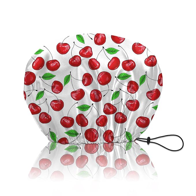 Shower Cap Reusable Double Layer Adjustable Elastic Waterproof EVA Hair Bath Caps for Women Girls Cute Aesthetic-Cherry