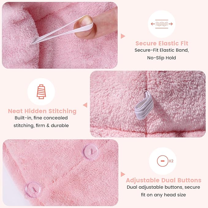 Microfiber Hair Towel Wrap for Women, 2 Pack Large Fast Drying Hair Towel Turban Shaped, Ultra Soft Thick Absorbent Anti-Frizz Towel for Curly Long Wet Hair, Durable Double Stitched Edges(Pink/Blue)