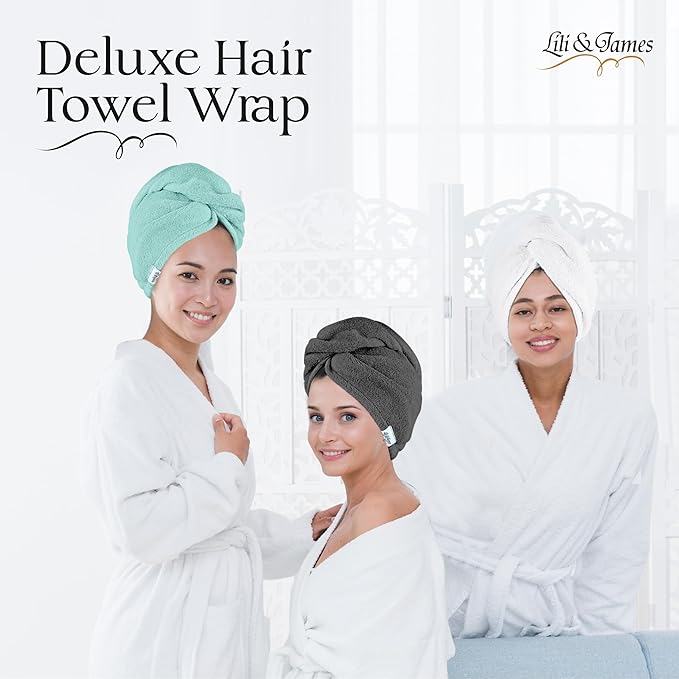 Cotton Hair Towel Wrap for Women/Kids | Quick Dry, Soft & Absorbent 420-GSM Hair Wrap Towels with Double Button | Anti Frizz, Non Microfiber Turbans for Curly, Long & Thick Hair (White+Grey+Aqua)