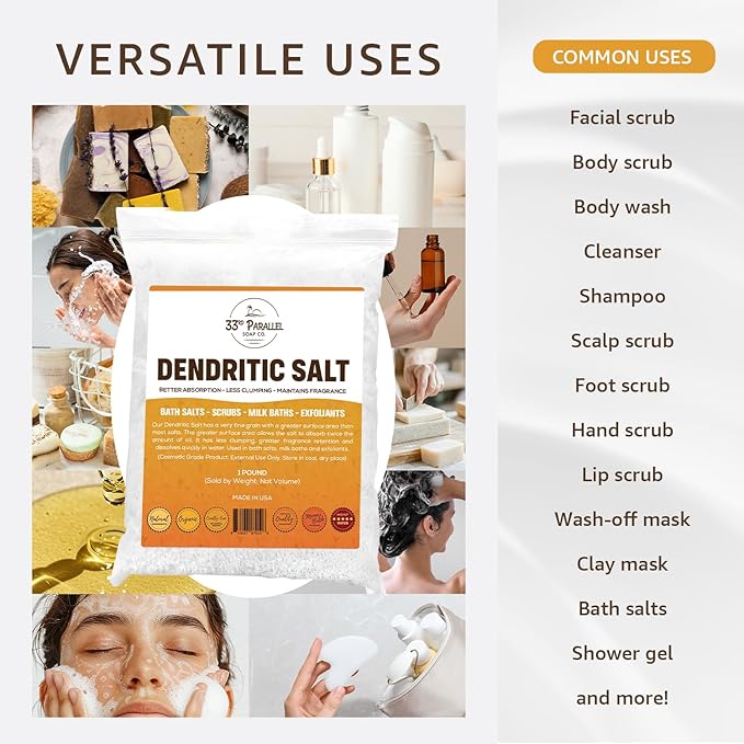 DENDRITIC Salt (1 lbs / 16 oz) Premium Fine Grain for Bath Salts, Scrubs, Exfoliants, Milk Baths & More | Sizes 1 to 5 LBS | (1 Pound)