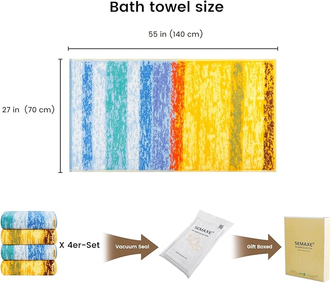 SEMAXE 4 Piece Colorful Striped Bath Towel Set for Bathroom, 100% Cotton Bath Towel with Hanging Loop, 55 x 27 Inch, Soft Absorbent & Quick Dry, for Bathroom & Travel