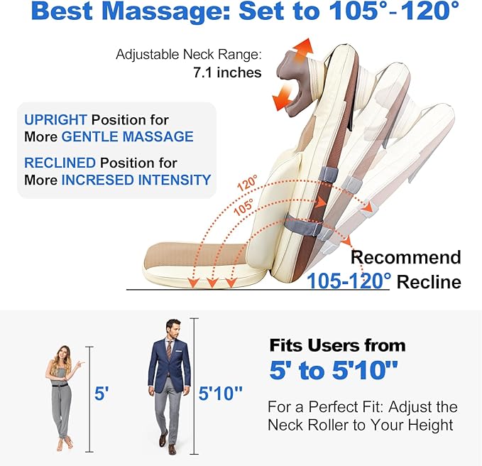 Shiatsu Massage Cushion for Neck and Back with Heat - 4D Kneading, Vibration for Muscle Relief, Dual-Neck Design, Adjustable Intensity and Height for Office Chair and Home Use, Brown