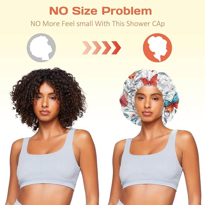 Shower Cap Reusable Double Layer Adjustable Elastic Waterproof EVA Hair Bath Caps for Women Girls Cute Aesthetic-Butterfly