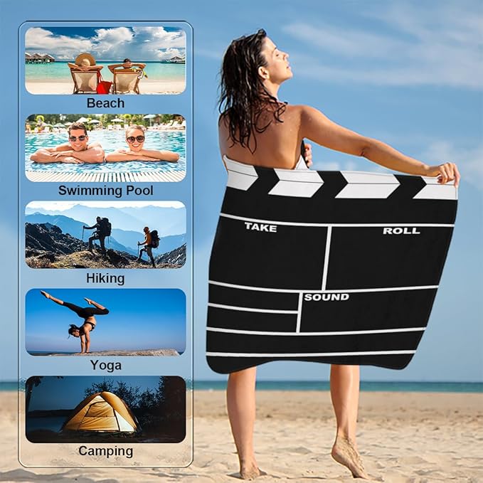 Black Movie Clapboard Beach Towel Oversized Quick Dry Beach Blanket Microfiber Sand Free Absorbent Lightweight Cinema Clapboard Bath Towel for Pool Travel Swimming Camping Women Men
