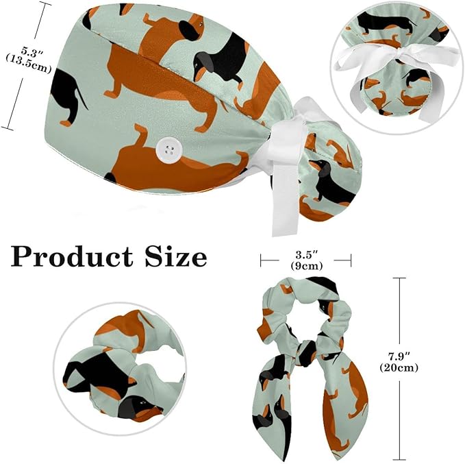 Adjustable Brown Dachshund Dog Blue Surgical Scrub Cap with Button,Sweatband for Women with Bow Hair Scrunchy