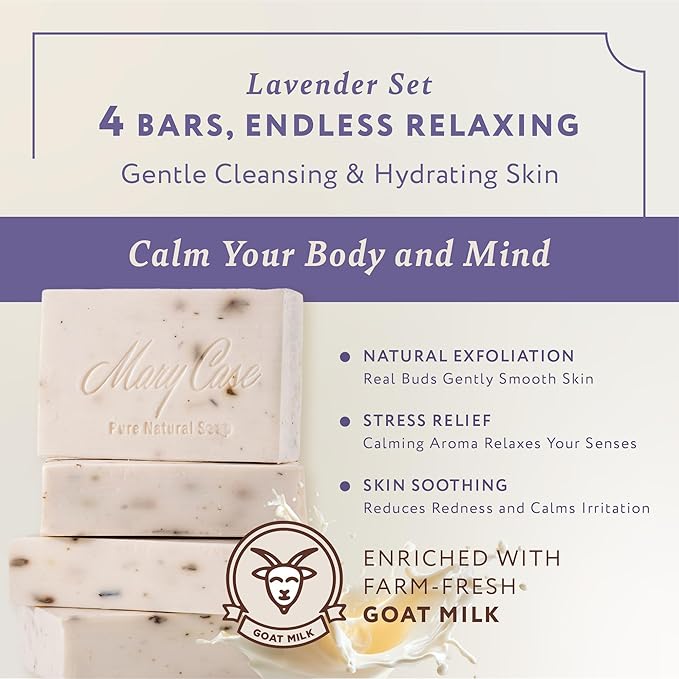 Mary Case Goat Milk & Lavender Bar Soap Set of 4 | Natural Soap with Olive, Coconut & Oils + Dried Flowers | Bath Soap for Men & Women |