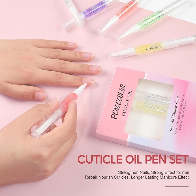 PEACECOLOR 8Pcs Cuticle Oil Pen for Nails Nail Oil Cuticle Pen for Nourishing Dry Damaged Cuticles Multiple Flavor Cuticle Revitalizer Oil Pen Nail Strengthener Nail Care Kit