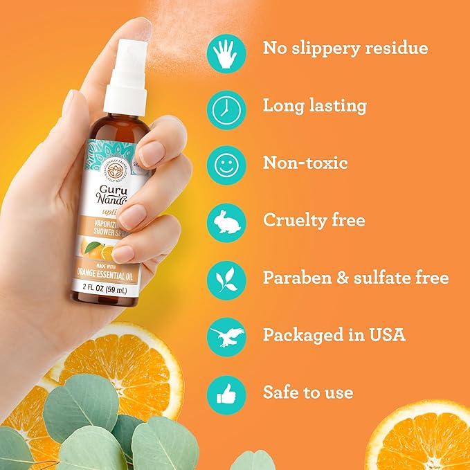 GuruNanda Uplift Vaporizing Shower Spray - 100% Natural Spa Mist with Orange & Eucalyptus to help with Mood Enhancement & Aid in Congestion (2 Fl Oz)