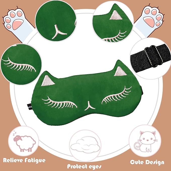 Cute Cat Sleep Mask for Kids (Green&Black), 2 Pack Silk Sleeping Eye Cover Adjustable Mask Night Eyeshade Cover for Girls Boys Women Men Sleep Travel Party…