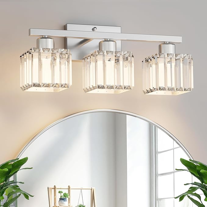 comzler 3-Light Bathroom Light Fixtures Over Mirror, Brushed Nickel Crystal Wall Sconce with E26 Base for Mirror Kitchen Living Room Bathroom, Square Crystal Shades (Bulbs Excluded)