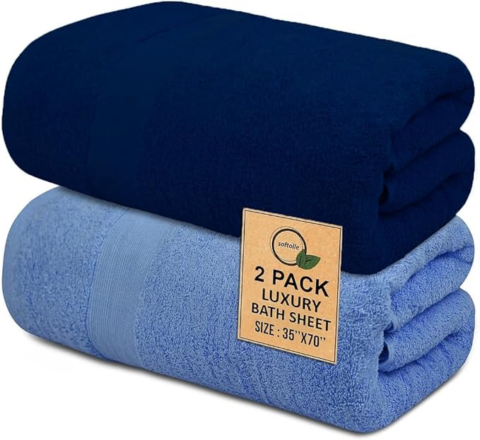 Softolle 100% Cotton Luxury Bath Sheets - Pack of 2 (35" x 70") | Super Soft, Quick-Dry & Highly Absorbent Towels for Bathroom, Home, Spa & Gym (Sky Blue/Navy Blue)