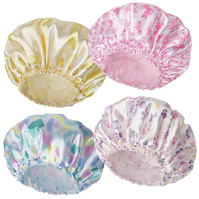 Shower Caps for Women, 4 PCS Elastic and Reusable Bath Caps, Double Layers Shower Cap Reusable Waterproof, Bathing Shower Caps, Environmental Bath Hair Protection Cap - Bow