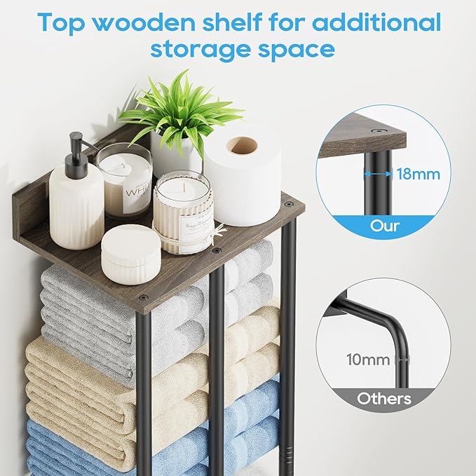 Towel Racks for Bathroom Wall Mounted with Wooden Storage Shelf, Updated 3 Bar Metal Towel Holder for Rolled Towels, Sturdy and Large Capacity, Towel Storage Organizer