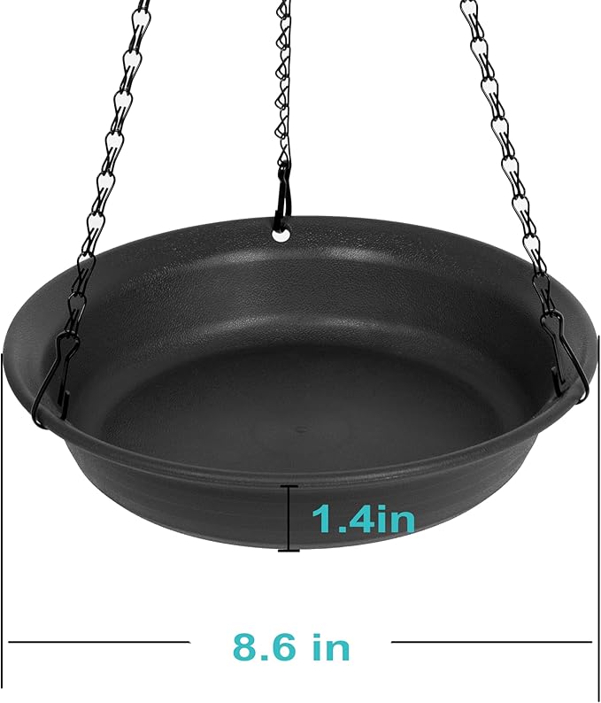 VUWEZ Hanging Bird Bath, Hanging Bird Water Feeder for Outdoors, Feeder Bowl, 1 Pack Birdbath Tray Accessories for Outside, Plastic Birdbaths Tray for Garden Patio Decoration (8", Dark Black)