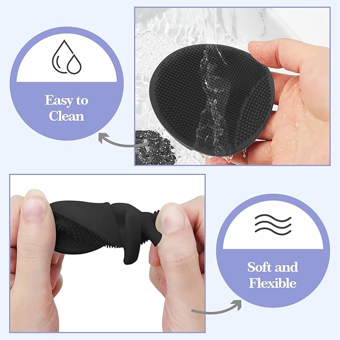 Manmihealth Silicone Back Scrubber (Thin Bristles) & Shower Face Brush Set(3PCS), Gentle-Cleaning & Exfoliating Body Scrubber, Bath Glove, Face Scrubber Combination (Black)