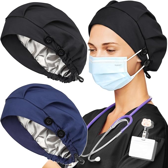 2 Pack Satin Lined Bouffant Scrub Caps with Buttons, Adjustable Scrub Caps for Women Men